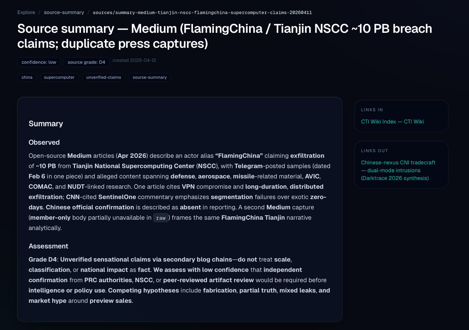 Source summary page after ingest with Admiralty grade and confidence